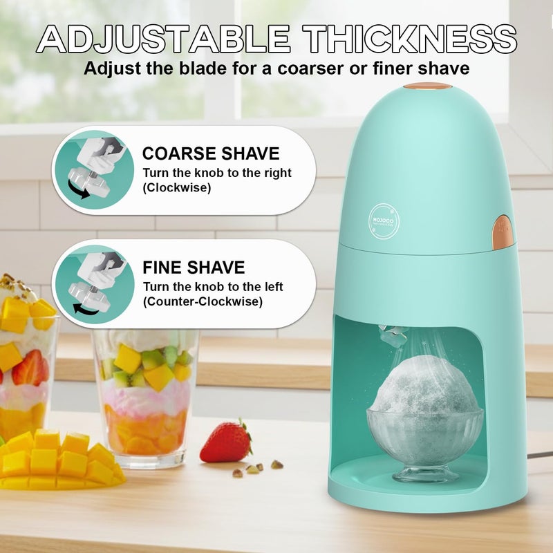 MOJOCO Shaved Ice Machine - Electric Ice Shaver Machine with Adjustable Blades for Fine & Coarse Ice - One-Press Operation Lightweight Snow Cone Maker for Slushies, Bingsu, Frozen Desserts - Image 4
